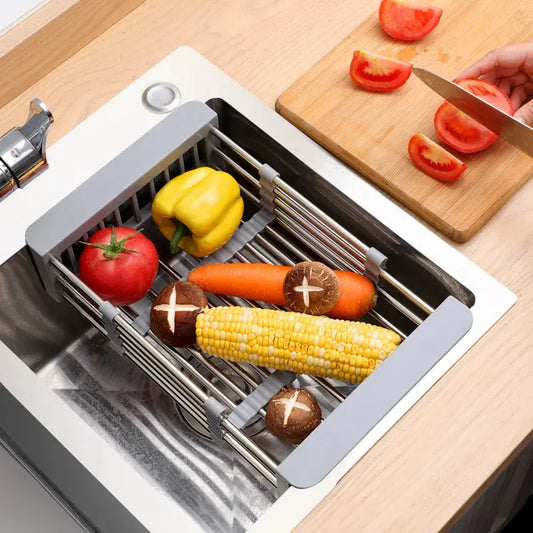 Velmone Extendable Sink Drain Basket, Adjustable Over the Sink Colander and Drying Rack for Kitchen Fruits and Dishes