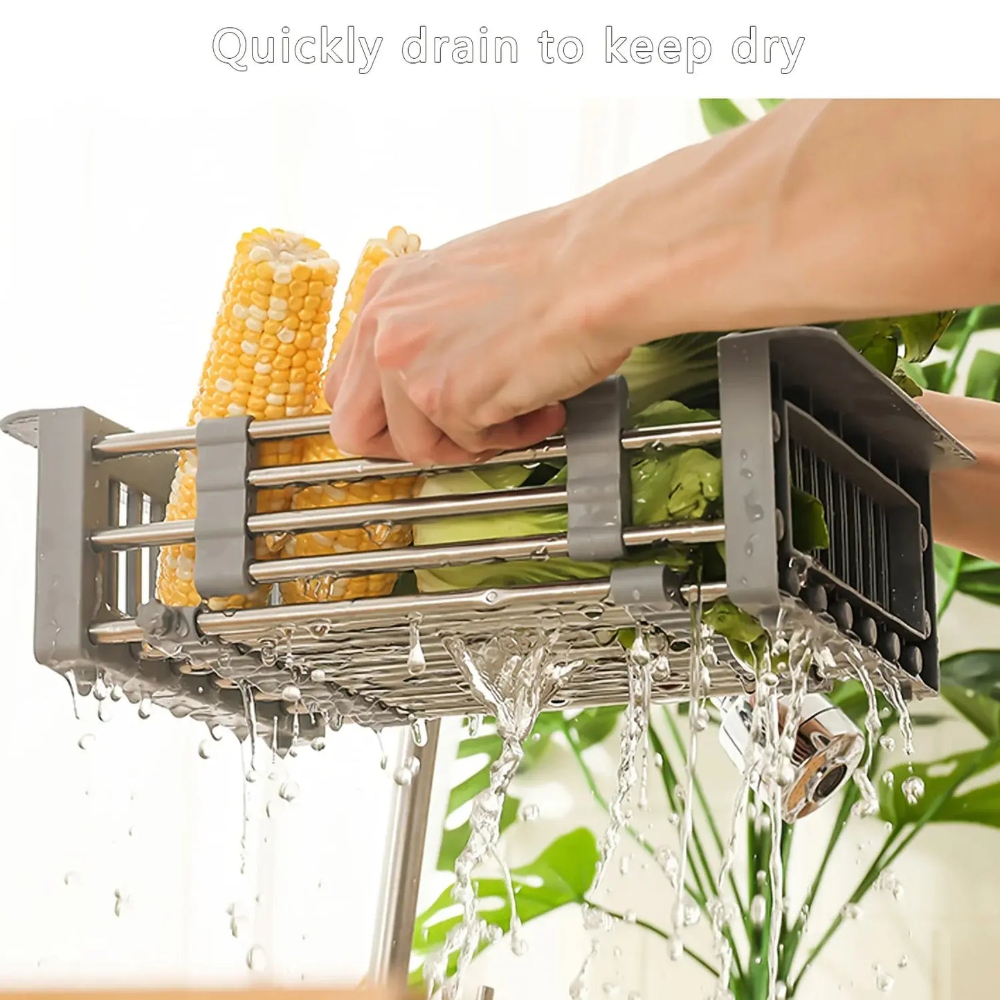 Velmone Extendable Sink Drain Basket, Adjustable Over the Sink Colander and Drying Rack for Kitchen Fruits and Dishes