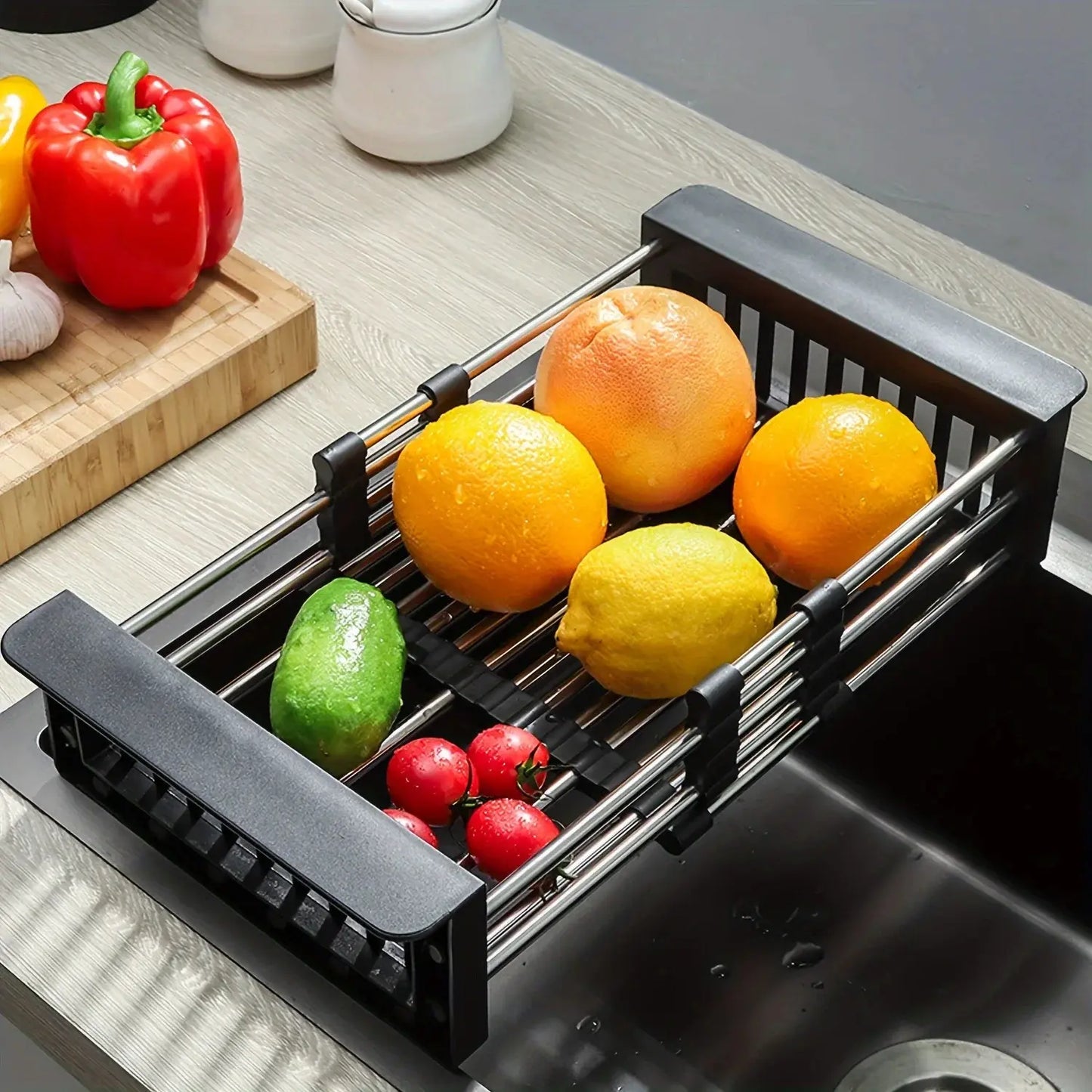 Velmone Extendable Sink Drain Basket, Adjustable Over the Sink Colander and Drying Rack for Kitchen Fruits and Dishes