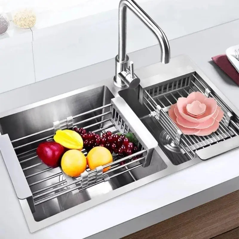Velmone Extendable Sink Drain Basket, Adjustable Over the Sink Colander and Drying Rack for Kitchen Fruits and Dishes