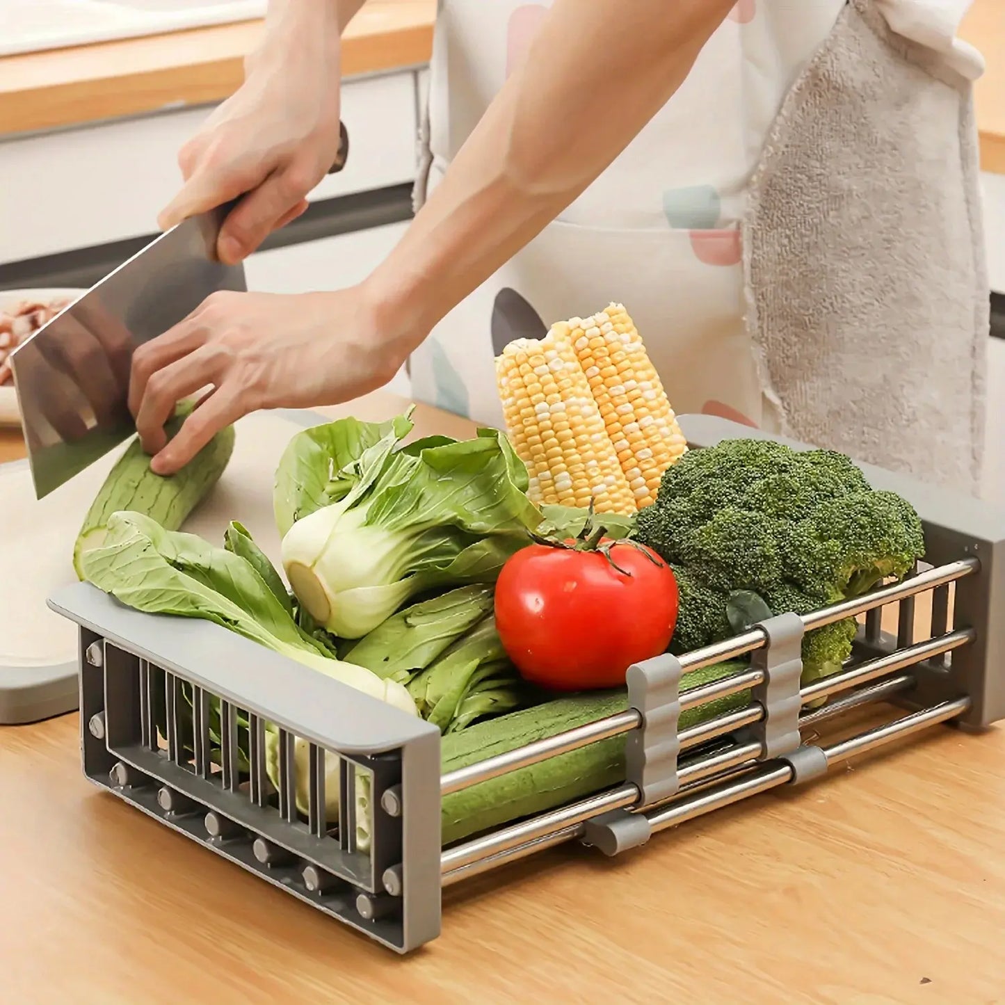 Velmone Extendable Sink Drain Basket, Adjustable Over the Sink Colander and Drying Rack for Kitchen Fruits and Dishes