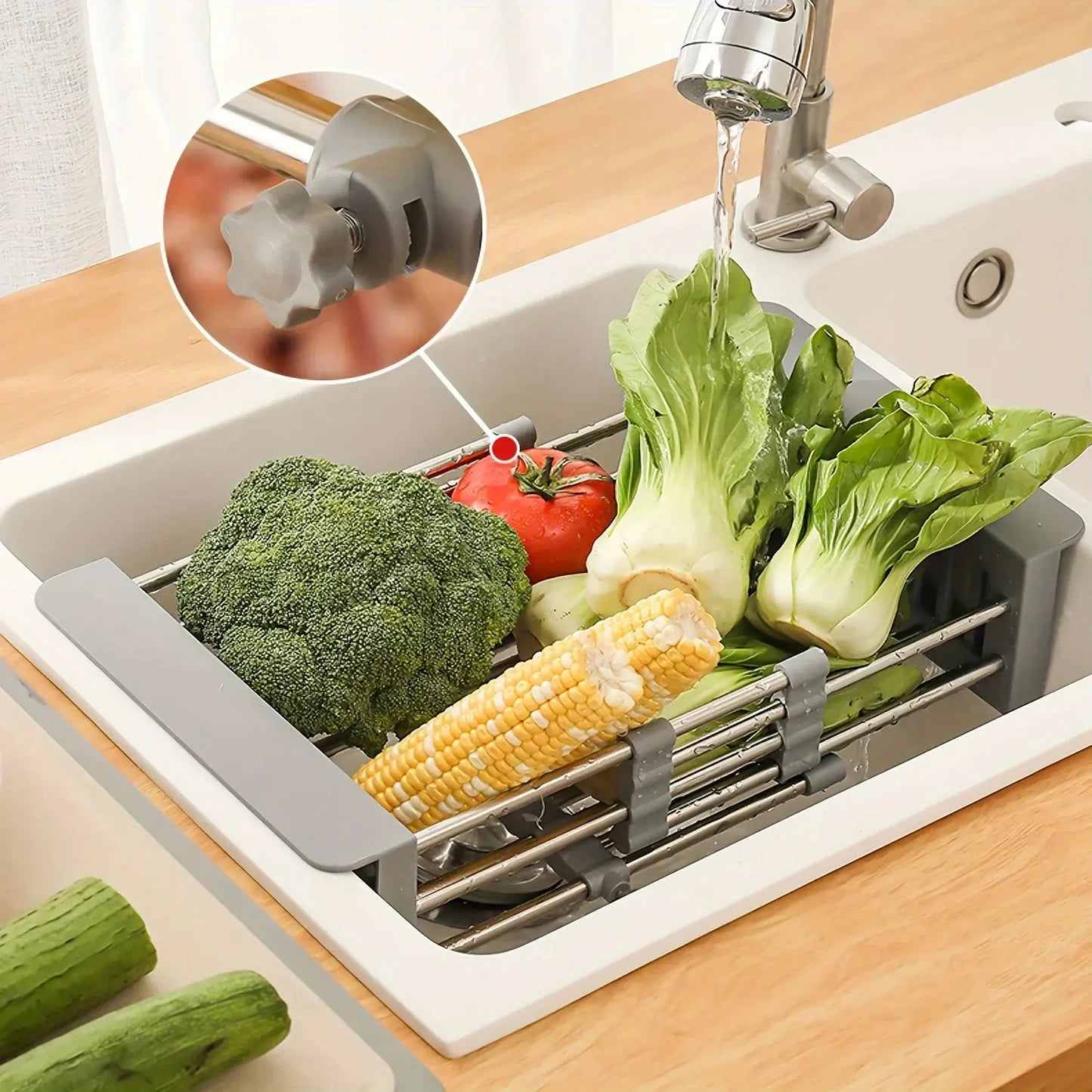 Velmone Extendable Sink Drain Basket, Adjustable Over the Sink Colander and Drying Rack for Kitchen Fruits and Dishes