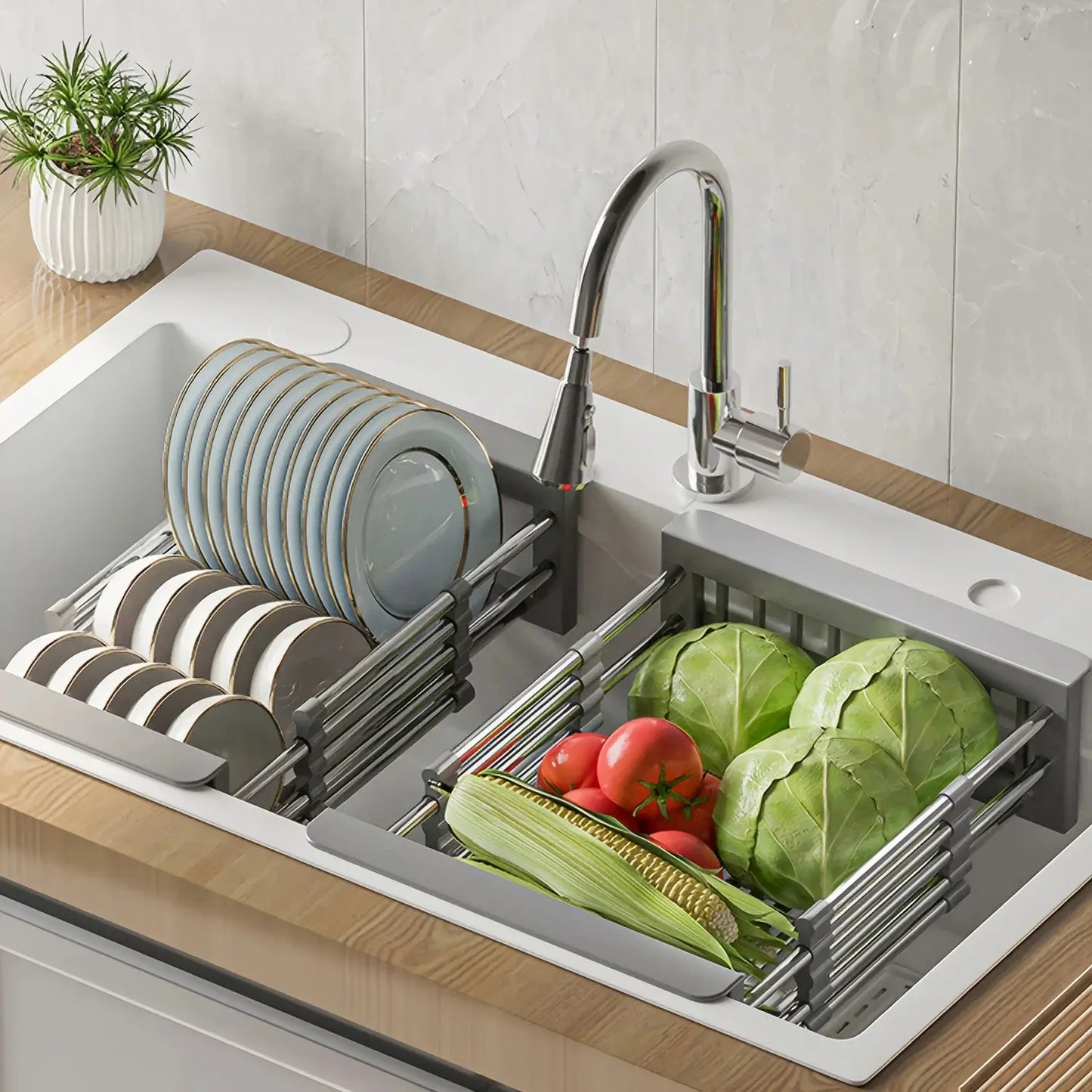 Velmone Extendable Sink Drain Basket, Adjustable Over the Sink Colander and Drying Rack for Kitchen Fruits and Dishes