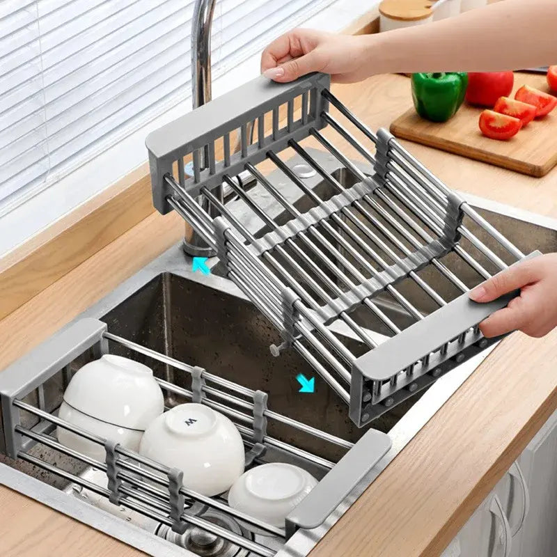 Velmone Extendable Sink Drain Basket, Adjustable Over the Sink Colander and Drying Rack for Kitchen Fruits and Dishes